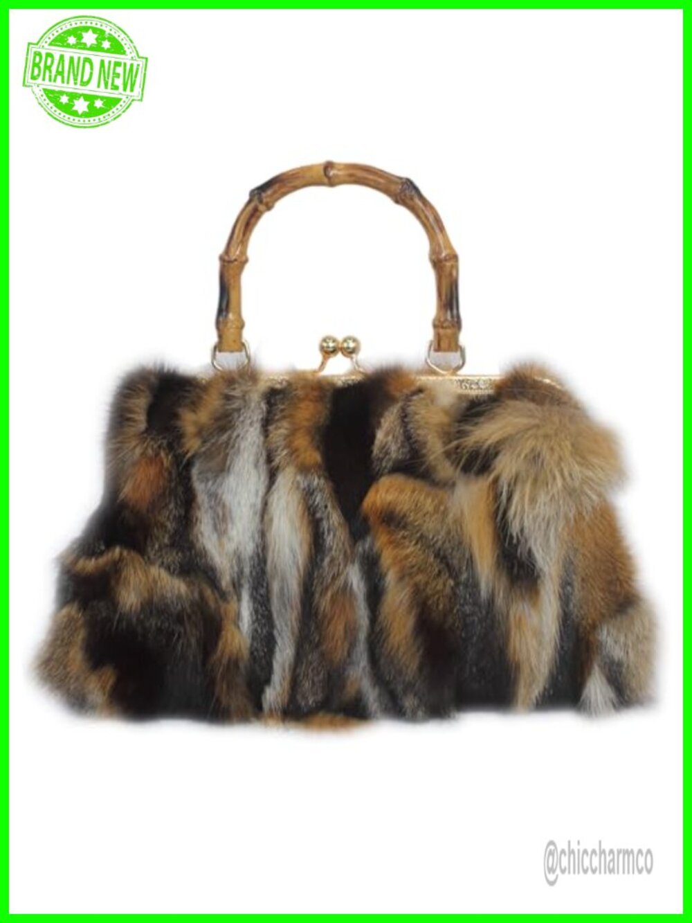 Vintage Real Fur Handbag Fur Purse Kisslock Bamboo Handle